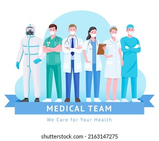 Team doctors physician, nurse, medical staff, dentist and professional surgeon. Vector Cartoon illustration.