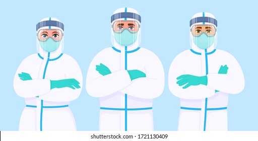 Team of doctors in protection suit, face shield, mask and goggles. Group of medical staff with personal protective equipment. Surgeons covering with safety coverall. Corona virus epidemic outbreak.