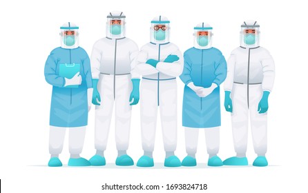 Ärzteteam in einem Schutzanzug, medizinischer Maske und Brille. Bekämpfung des Ausbruchs der Coronavirus-Epidemie COVID-2019. Vektorillustration im Cartoon-Stil