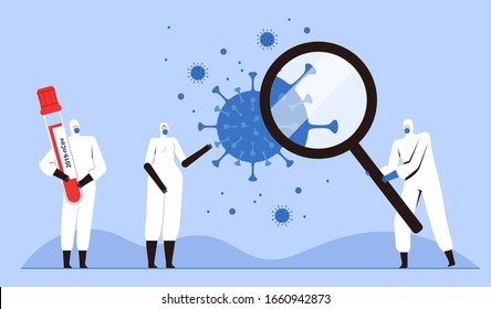 A team of doctors in protective suits is studying blood samples and the new 2019-nCoV coronavirus. COVID-2019 virus control concept