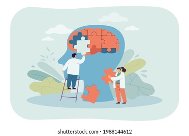 Team of doctors putting puzzle pieces of person head together. Medical people treating personality disorder flat vector illustration. Mental health concept for banner, website design or landing page