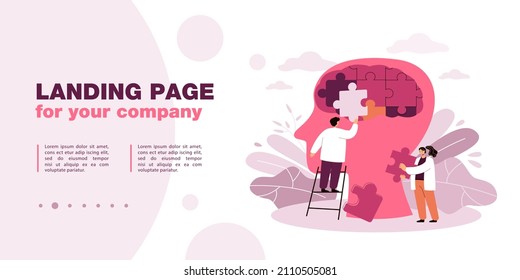 Team of doctors putting puzzle pieces of person head together. Medical people treating personality disorder flat vector illustration. Mental health concept for banner, website design or landing page