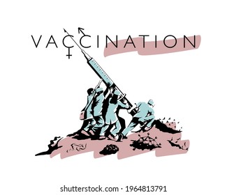 A team of doctors raises a syringe with a vaccine symbolizing the victory of vaccination over the covid-19 pandemic