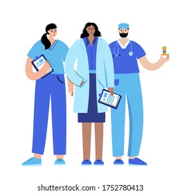 El equipo de médicos está listo para ayudar a los pacientes en clínicas, hospitales. Conjunto de diferentes especialistas médicos. Ilustración vectorial plana. Afiche de farmacia médica. Personajes de dibujos animados masculinos y femeninos adultos