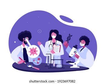 Team of Doctors Scientists Virologists Researchers in Medical Face Mask. Coronavirus Elemet.Antiviral Vaccine Creation. Medical Laboratory Examination. Test Tubes,Flask,Microscope. Vector Illustration