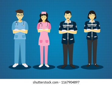 The team doctors scrub and ambulance driver medical uniform character design set