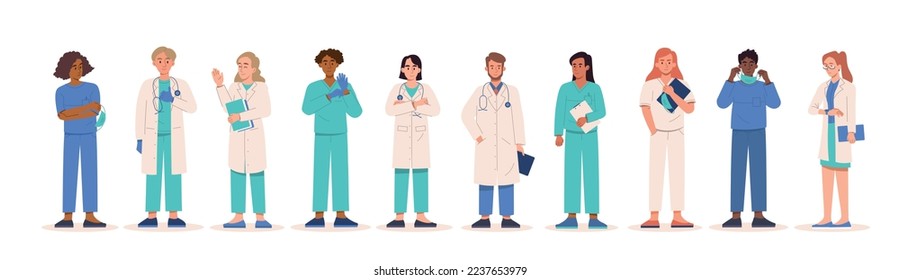 Ärzteteam setzt sich zusammen. Sammlung von grafischen Elementen für die Website. Männer und Frauen in medizinischen Masken und Ziegen. Gesundheitsversorgung und Diagnose. Cartoon-FlachVektorgrafiken einzeln auf weißem Hintergrund