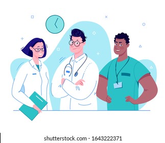 The team of doctors. Vector illustration in a flat cartoon style.