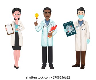 Team of doctors working in the hospital during coronavirus outbreak Covid-19. African American male doctor, male and female Caucasian doctors. Vector illustration