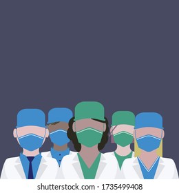 Team of doctors of the world is fighting covid-19. Five doctors in medical dress. Team of male and female doctors in green and blue medical masks, white medical coats, caps.Vector illustration 