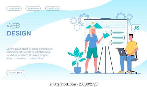 The team does web design. A woman shows a photo for the website. A man works on a laptop. Flat vector illustration.