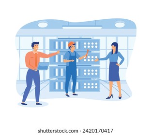 Team doing maintenance and repairs on a server device. Server admin, database management staff. work and profession.  flat vector modern illustration 