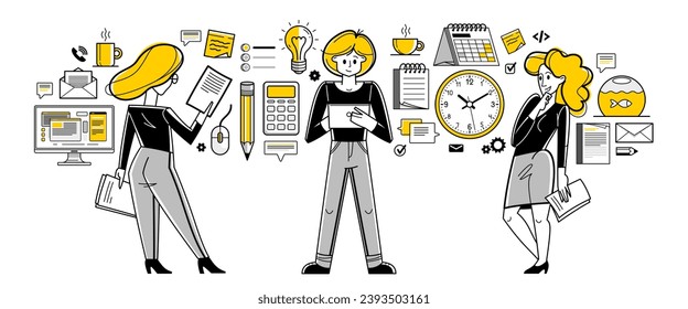 Team doing office work vector outline illustration, career in company for employees, teamwork business and paperwork, office workers.