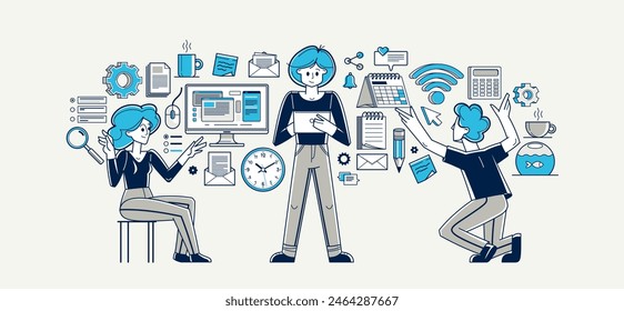 Team doing office work vector outline illustration, career in company for employees, teamwork business and paperwork, office workers.