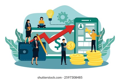 Team Dynamics and Growth Financial Business with Technology Elements. Financial growth, teamwork, and digital tools combined in a business setting. Flat vector modern illustration 