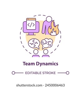 Icono de concepto multicolor de dinámica de Equipo. Desafío Hackathon. Gestión de conflictos. Ilustración de línea de forma redonda. Abstractas idea. Diseño gráfico. Fácil de usar en Materiales promocionales
