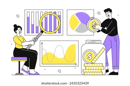 Team of economist simple concept. Man and woman with graphs and diagrams. Analysts conduct marketing research. Infographics and statistics. Poster or banner. Doodle flat vector illustration