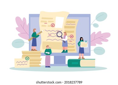 Team of editors and copywriters working on text, flat vector illustration isolated on white background. Online grammar editor and copywriting services.