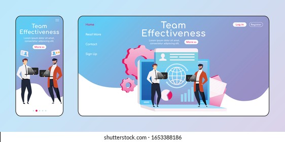 Team effectiveness adaptive landing page flat color vector template. Employees keep laptops mobile and PC homepage layout. Teamwork one page website UI. CRM system webpage cross platform design