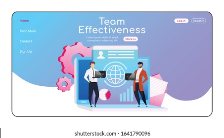 Team effectiveness landing page flat color vector template. Smiling employees homepage layout. Collaboration one page website interface with cartoon character. Partnership web banner, webpage