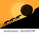 Team effort. team of businessmen is determined to push the rock up the mountain 