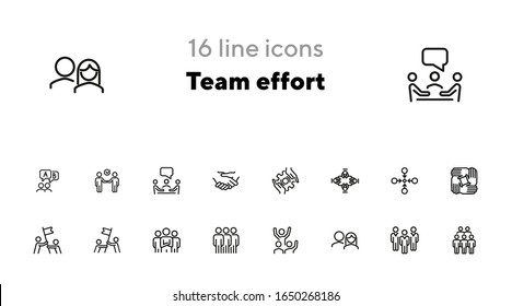 Conjunto de iconos de línea de esfuerzo de equipo. Grupo, bandera, reunión. Concepto de trabajo en equipo. Se puede utilizar para temas como negocios, asociación, colaboración, unidad