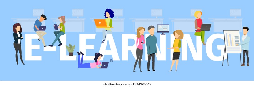 Team Elearning Typography Banner Illustration. People provide Knowledge Transfer, Female Control Study Process. Company provide Employee Project Online Education. Flat Vector Cartoon Illustration