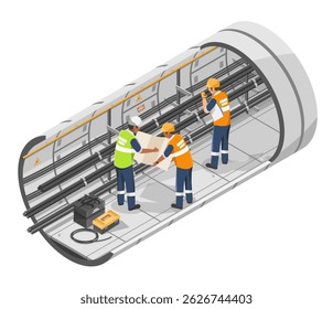 Team of electrical engineers conducting underground tunnel maintenance and inspection of high-voltage power cables using blueprint and technical tools for infrastructure safety
