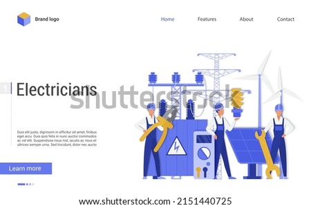 Team of electricians control power energy lines. Technician repair service with workers flat vector illustration. Electricity energy maintenance concept for banner, website design or landing web page