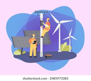 Team of electricians with wind turbines and solar panels. Installation or repair of electric utility poles flat vector illustration. Maintenance service, electricity, renewable energy concept