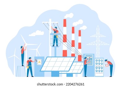 Team electricity energy maintenance, technician engineer working with solar panels and power objects. Generate energy equipment, recent service man vector characters