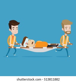 Team of emergency doctors carrying injured man on emergency medical stretcher. Caucasian paramedics transporting victim after accident on the stretcher. Vector flat design illustration. Square layout.