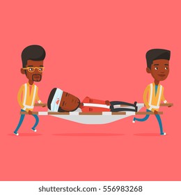Team of emergency doctors carrying injured man on emergency medical stretcher. African paramedics transporting victim after accident on the stretcher. Vector flat design illustration. Square layout.