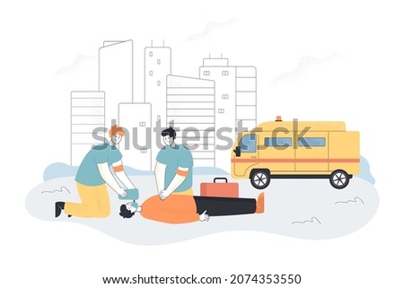 Team of emergency doctors doing cardiopulmonary resuscitation of unconscious man in accident. CPR assistance to critical patient flat vector illustration. First aid, resuscitation training concept