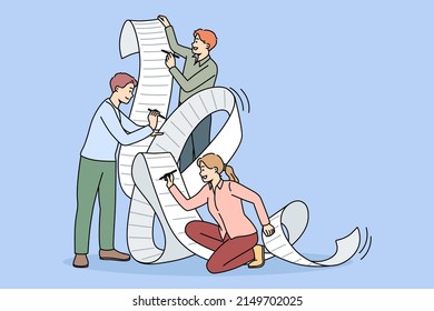 Team of employee work together signing agreement in office. Diverse businesspeople or colleagues put signature on paperwork close deal or contract. Partnership. Vector illustration. 