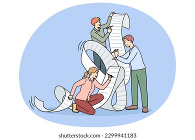 Team of employee work together signing agreement in office. Diverse businesspeople or colleagues put signature on paperwork close deal or contract. Partnership. Vector illustration.