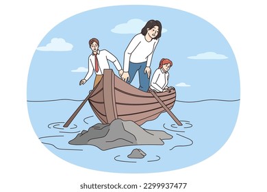 Team of employees in boat crash on rock in sea struggle with group difficulties or challenges. Businesspeople collide with problems at work. Business failure and teamwork. Vector illustration.