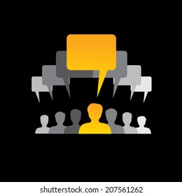 team of employees communicate, discuss & interact - concept vector. The graphic with speech bubbles & chat icons also shows people conference, social media network, executives & management