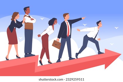 Team of employees and leader. Boss leads workteam to business success and goals. Characters in costumes moving forward. Unity, cooperation and efficiency concept. Cartoon flat vector illustration