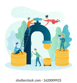 The team of employees opens a tap from which money falls to the office worker with cart, the concept of teamwork and optimization of income and profit. Vector illustration.