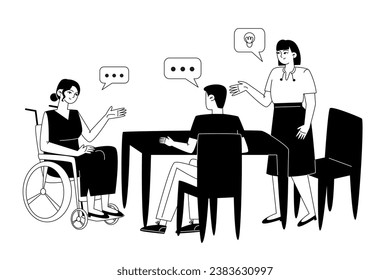 Un equipo de empleados se sienta a la mesa y discute cuestiones laborales, ideas y toma decisiones