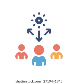 Empoderamiento de Equipo y visión compartida representada con figuras de estilo de diseño plano. Muestra direcciones y colaboración sobre un fondo negro.