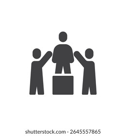 Team empowerment support solid icon. A glyph icon of a person standing with team members. This solid icon is a symbol and sign of motivation, unity, and leadership icon.