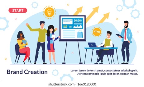 Team Engaged in Brand Creation Process in Office. Marketer Group Brainstorming, Discussing Marketing Strategy, Searching Idea Solution for Online Product Branding. Banner Design. Vector Illustration