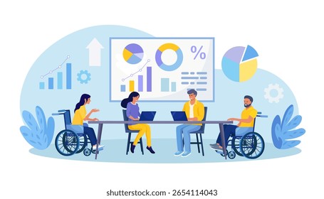 Compromisso de equipe e capacidade efetiva de trabalho em equipe. Pessoas com deficiência em reunião de trabalho. Capacitação e colaboração na apresentação em equipe. Diversos colegas discutindo o novo projeto
