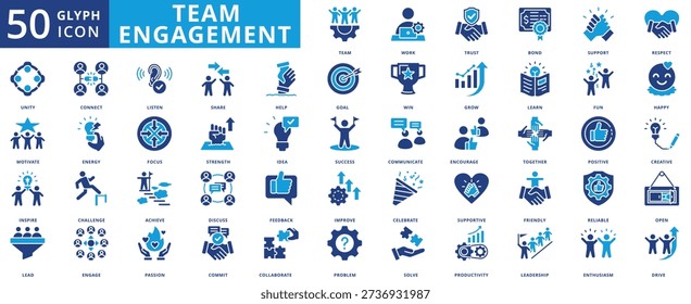 Team engagement icon set collection in flat style. icon pack contain team, work, trust, bond, support, respect, unity, motivate, inspire, lead