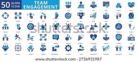 Team engagement icon set collection in flat style. icon pack contain team, work, trust, bond, support, respect, unity, motivate, inspire, lead