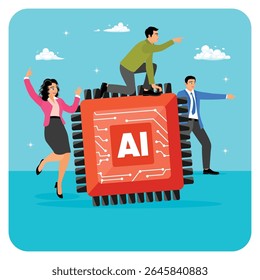 Uma equipe que trabalha com um chip de IA gigante simbolizando tecnologia e colaboração avançadas para ajudar e dar suporte ao sucesso do trabalho. Adotar a IA, conceito de adoção de inteligência artificial.