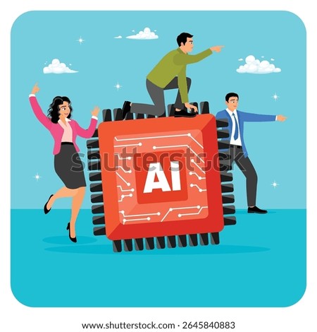 A team engaging with a giant AI chip symbolizing advanced technology and collaboration to help and support work success. Embrace AI, Artificial Intelligence adoption concept.
