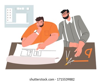 Equipo de ingenieros o arquitectos de intercambio de ideas sobre borradores y esquemas. Gente dibujando proyectos de construcción de edificios y de construcción de nuevos complejos, grupo de constructores que piensan en esquemas, vectores